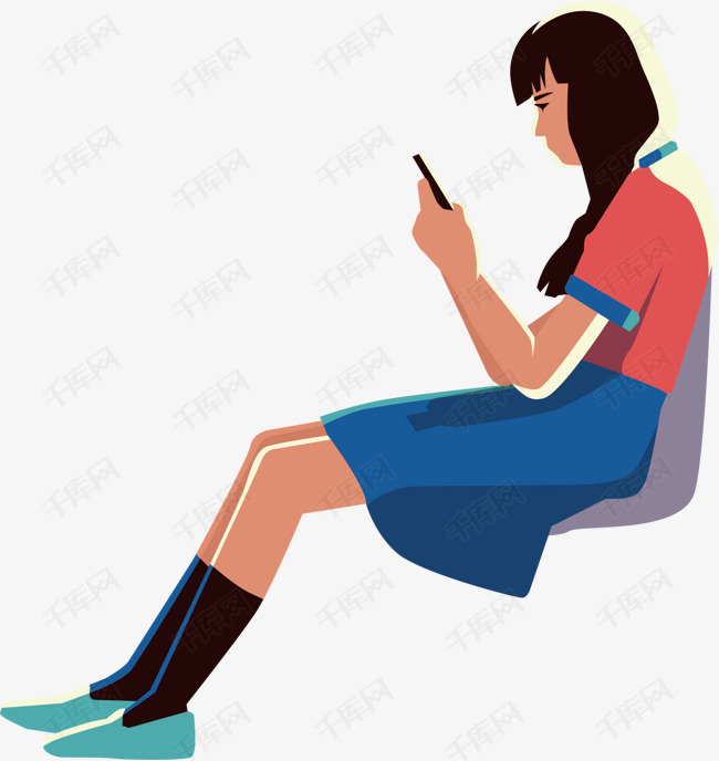 矢量图坐着玩手机的女孩的素材免抠矢量图玩手机座椅红色蓝色裙子