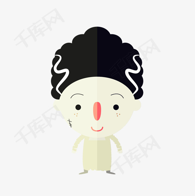 矢量手绘卡通黑发白脸微笑小人无抠图png