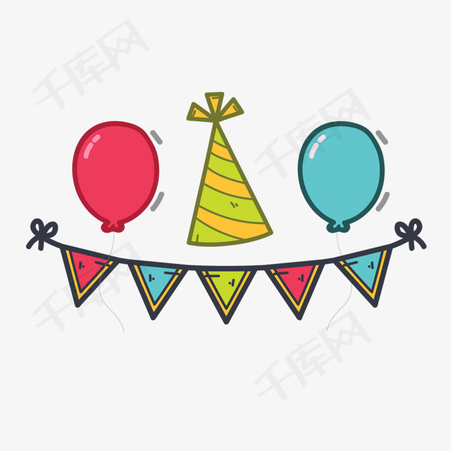 生日派对气球彩旗装饰生日派对装饰彩色气球彩旗矢量图背景装饰