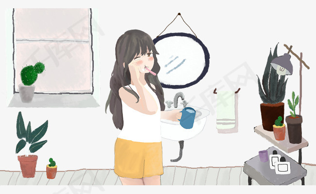 免抠卡通手绘早上起来洗漱的女孩