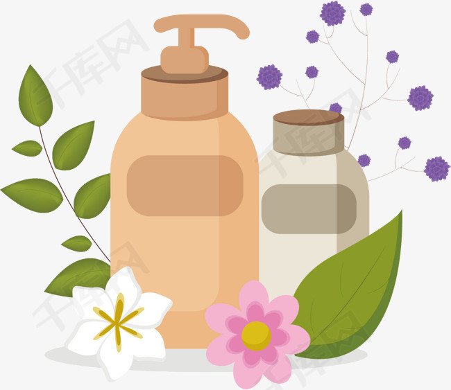 矢量图花香自然洗发水套装矢量图卡通手绘花香花朵洗发水