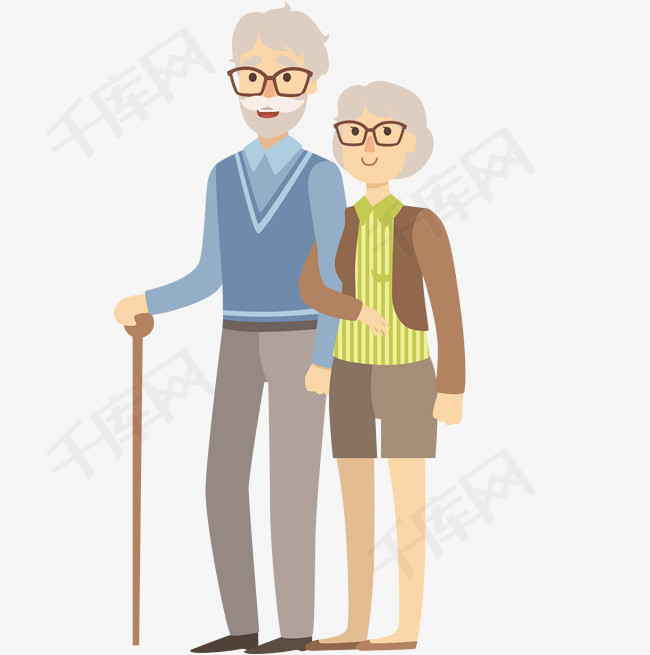 一个扶着拐杖的老爷爷与老奶奶