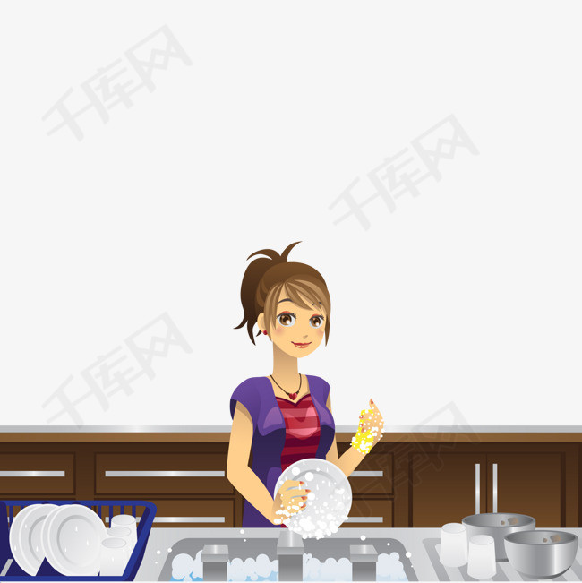 洗碗的女性人物设计矢量图人物设计女性人物洗碗卡通矢量图厨房
