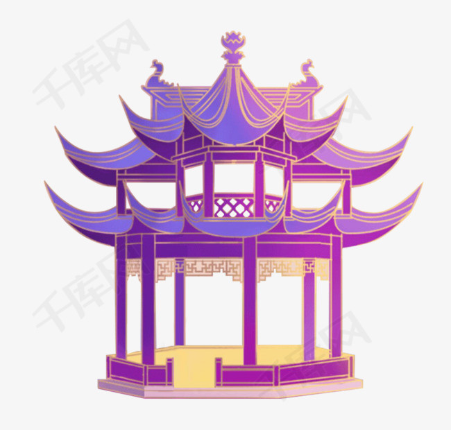 紫色手绘的凉亭建筑