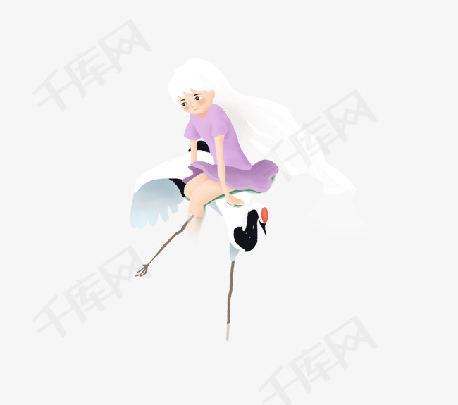 免抠卡通手绘坐在仙鹤上的女孩