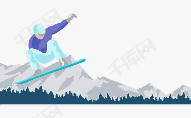 手绘卡通人物雪山滑雪