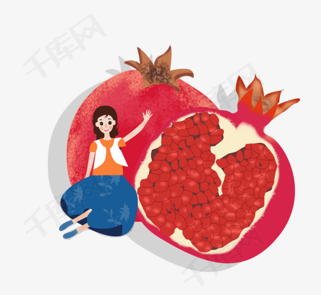 免抠卡通手绘红色大石榴女孩装饰