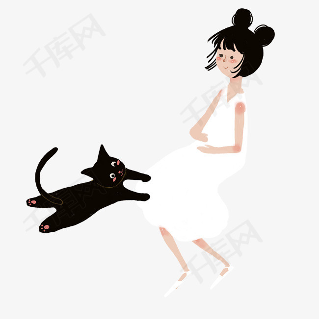 卡通手绘女孩与猫咪