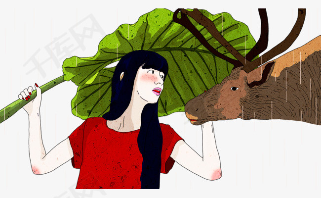 免抠卡通手绘拿着树叶的女孩与牛