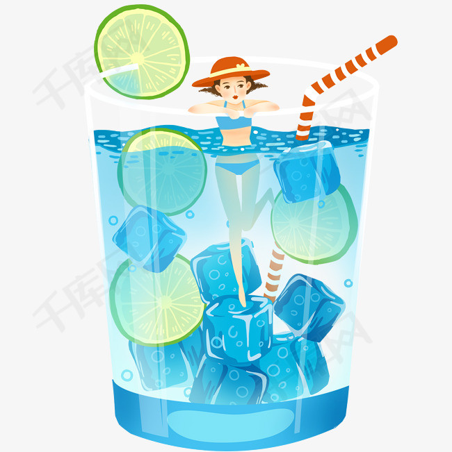 卡通手绘冰块果汁卡通手绘创意动漫动画简约冰块果汁人物插图