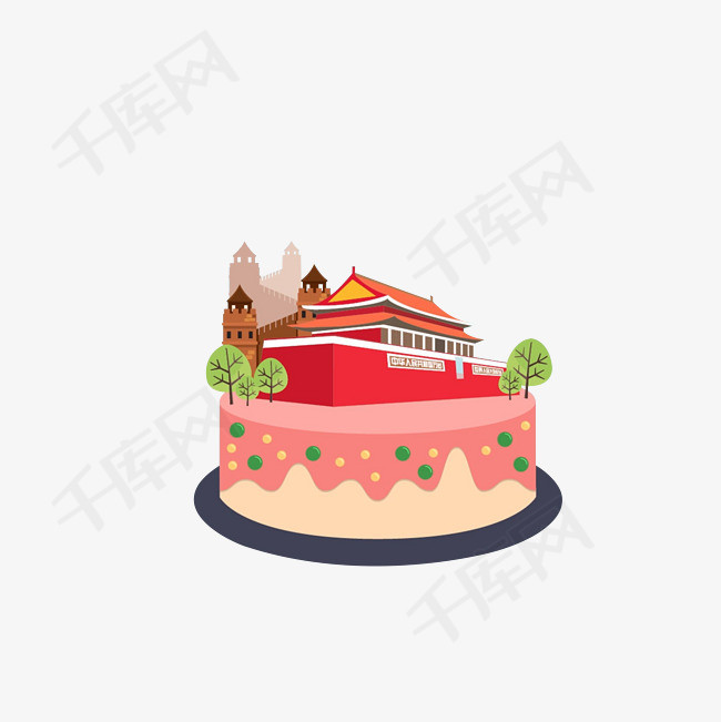卡通蛋糕上天安门和长城素材国庆节庆祝蛋糕天安门广场长城扁平插画