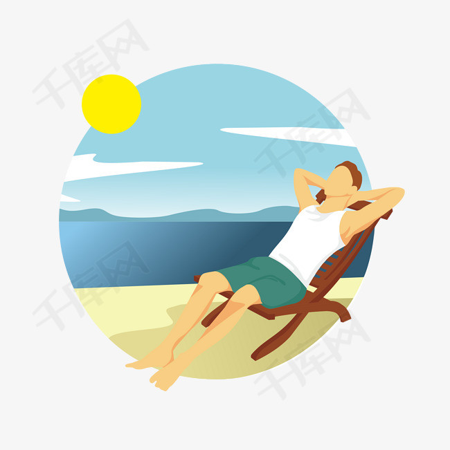 卡通插画海边日光浴男人