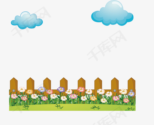 鲜花草地矢量图下载篱笆墙白云鲜花草地卡通插图创意卡通