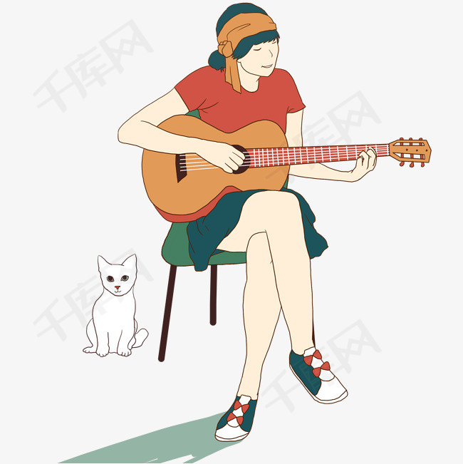 手绘卡通少女弹吉他手绘卡通人物少女弹吉他女孩小猫插画