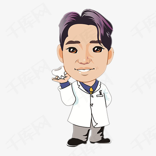 卡通手绘手拿牙齿的牙医