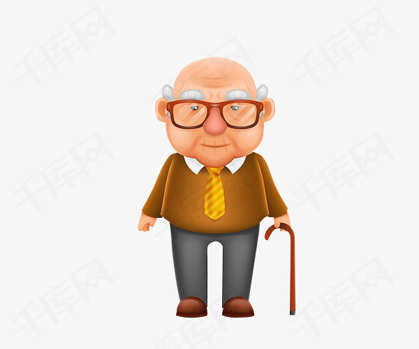 卡通手绘拄着拐杖的老人