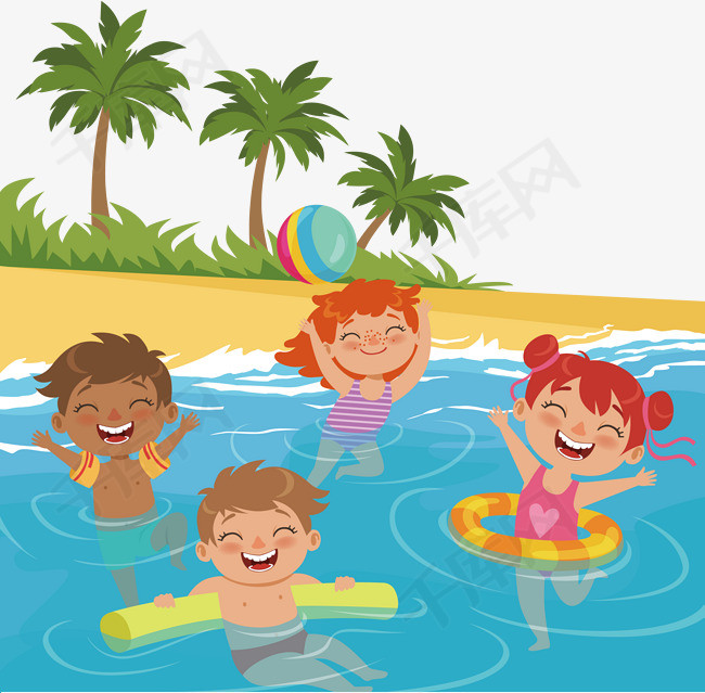 正在海洋里面游泳的四个小孩素材图片免费下载_高清