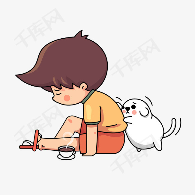 卡通可爱伤心男孩喝咖啡