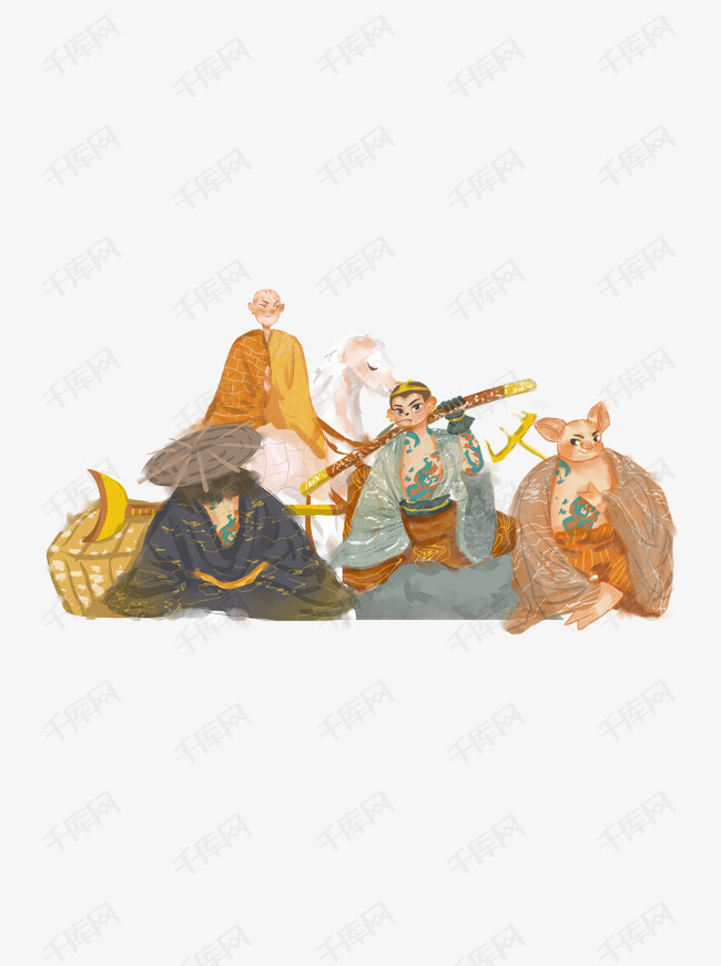 手绘卡通西游记师徒四人插画元素
