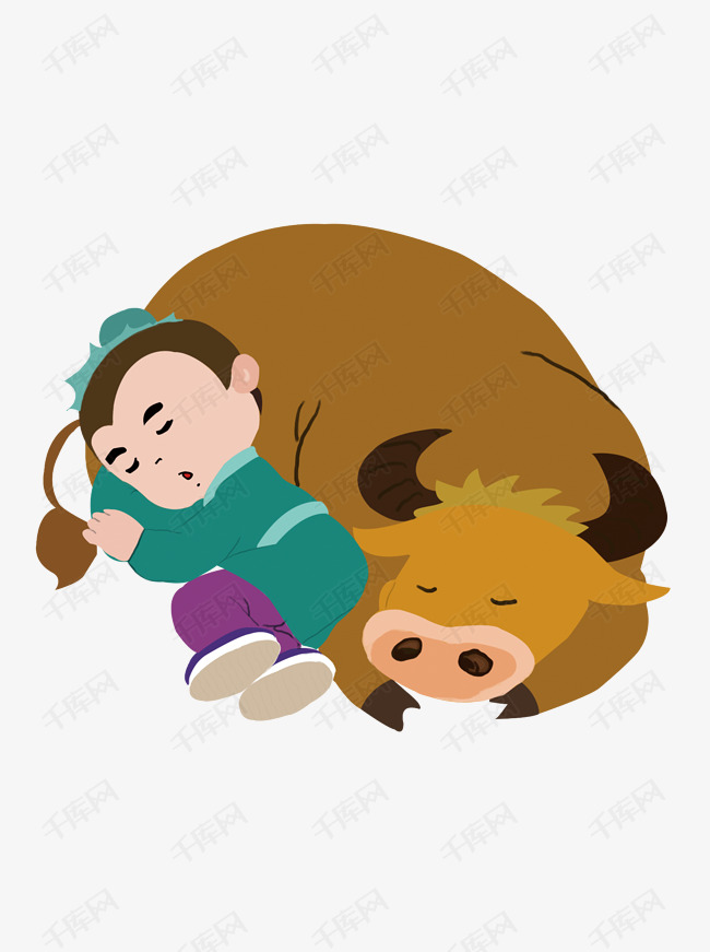 牛与孩童睡觉元素设计