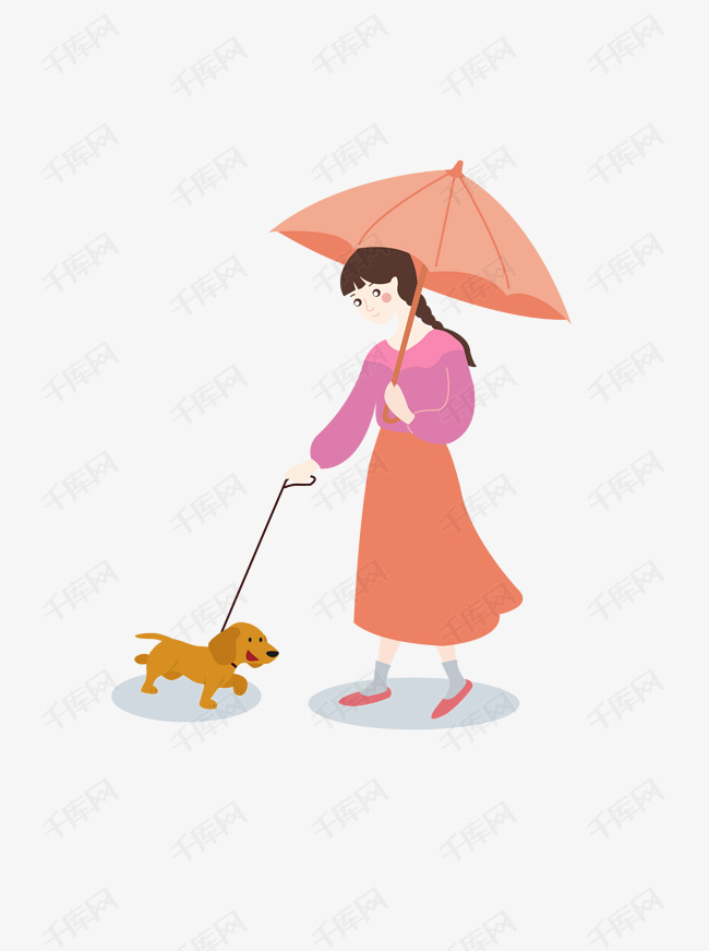 小女孩遛狗手绘矢量图