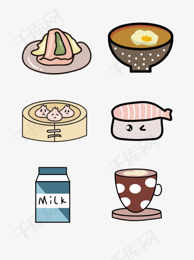 矢量早餐奶小笼包寿司早餐卡通可爱食物元素