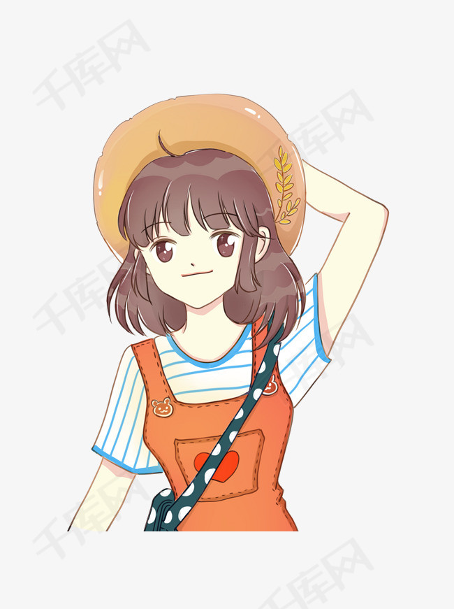 手绘卡通手扶帽子穿背带裤的卡哇伊可爱女孩可商用元素