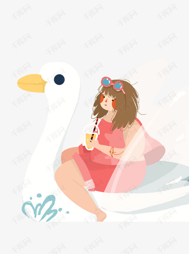 卡通坐在天鹅充气玩具上的胖女孩插画元素