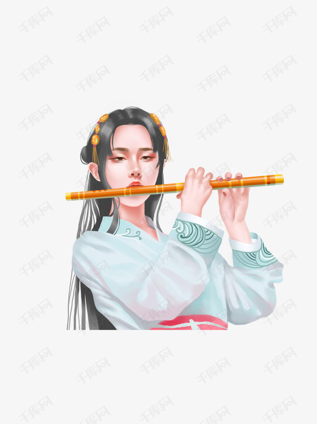 吹笛子的古装忧伤女子卡通元素