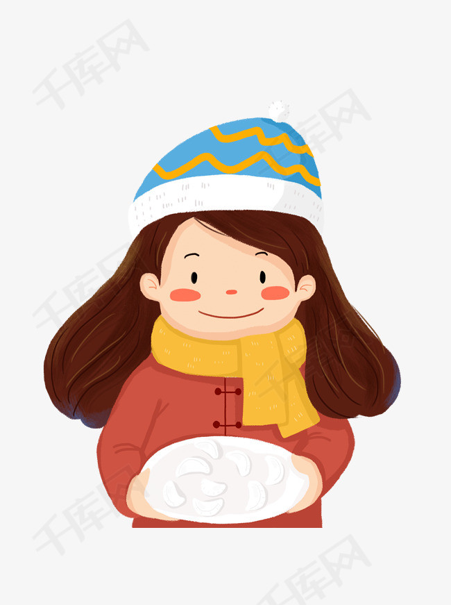 手绘卡通冬天穿冬装手捧雪团的可爱女孩可商用元素