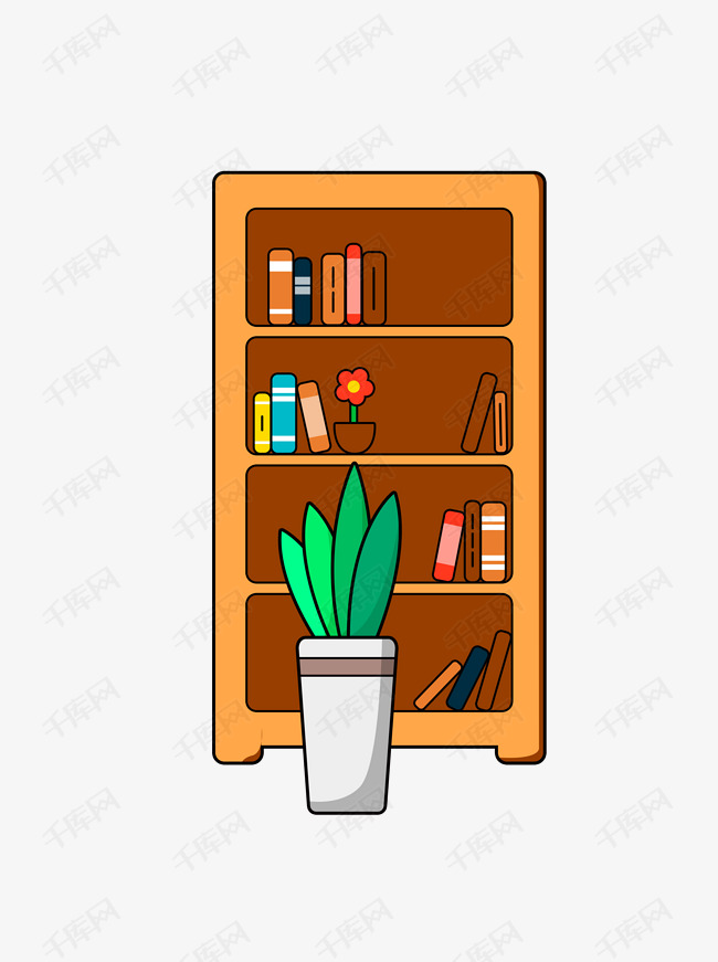 手绘卡通书柜和绿植可商用元素