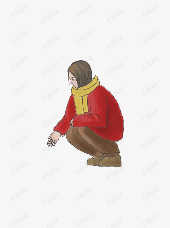 彩绘蹲在地上的女孩可商用元素