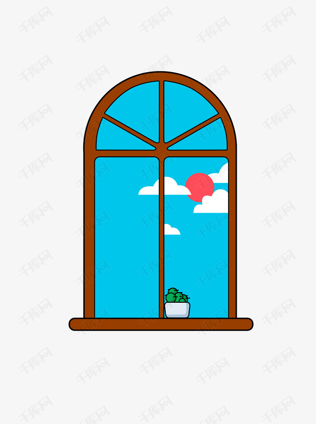 手绘卡通红日蓝天白云的窗外景色的素材免抠蓝天白云卡通手绘景色窗外