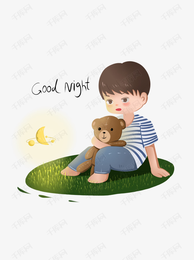 治愈系晚安系列插画配图儿童小孩月亮睡觉休息小熊男孩