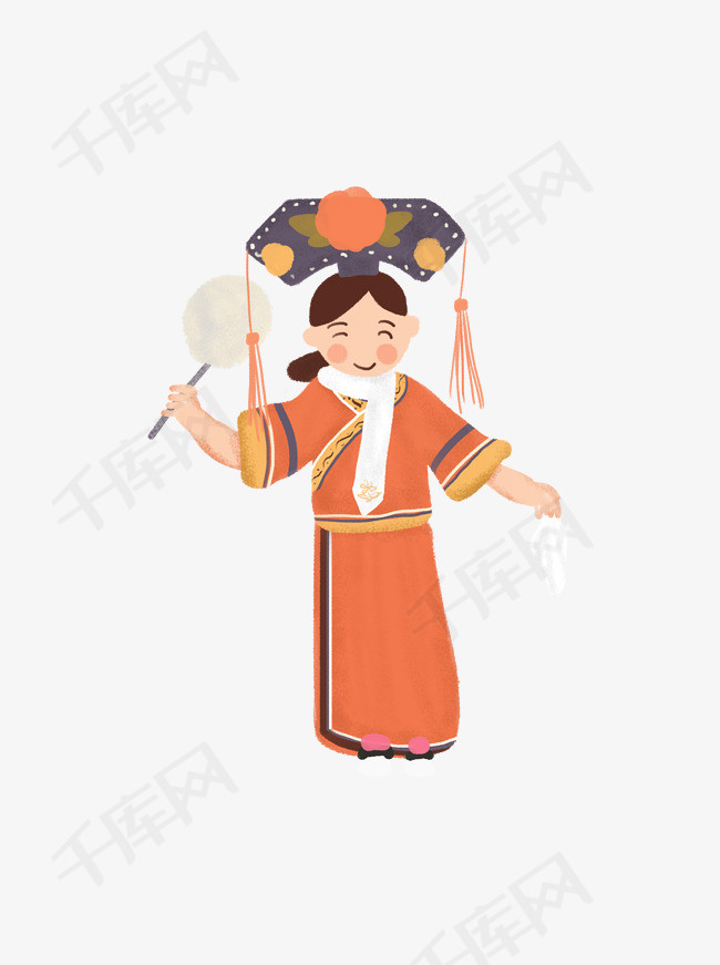 手拿团扇和手帕的清朝满族姑娘卡通元素