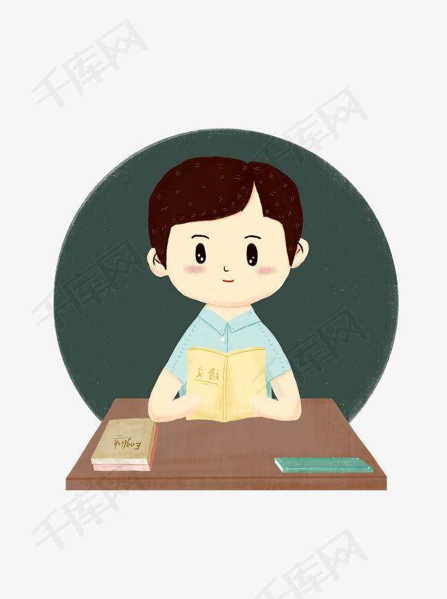 手绘卡通在看书的人物学生书桌书本黑板素材