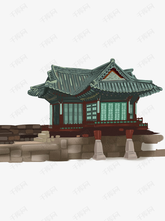 手绘古风建筑插画设计元素的素材免抠中国古风边框vi设计书籍插画psd
