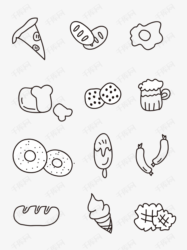 简笔画,食物,简笔画教程皮卡丘 小孩子简笔画手账手绘黑白食物