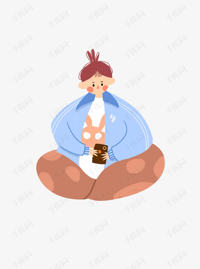 坐着看手机的女子卡通元素