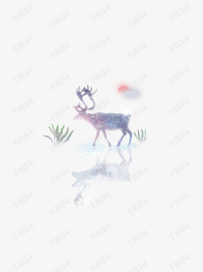 手绘梦幻唯美动物鹿倒影星空可商用元素