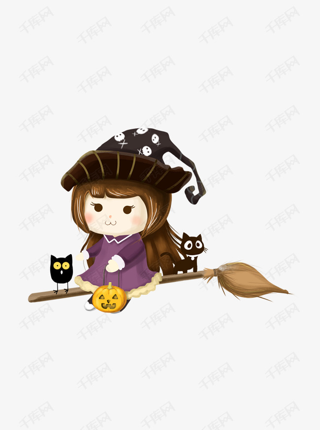 q版万圣节女巫和猫咪插画设计可商用元素
