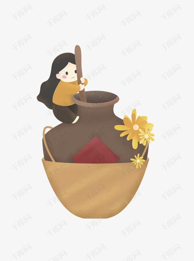 可爱酒坛子和女孩插画设计可商用元素
