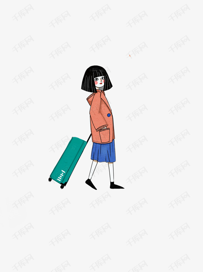 拉着行李箱去旅行的打扮休闲的卡通女孩