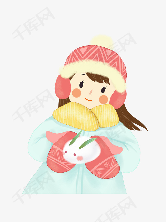 手绘卡通冬季女孩带着帽子手套元