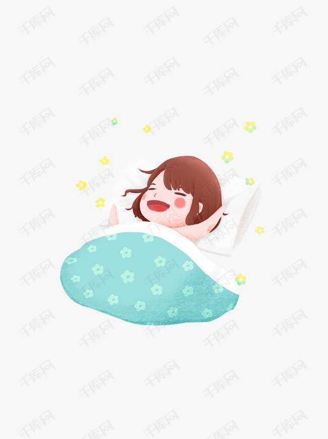 早安元素卡通可爱蓝色清新早起睡懒觉女孩