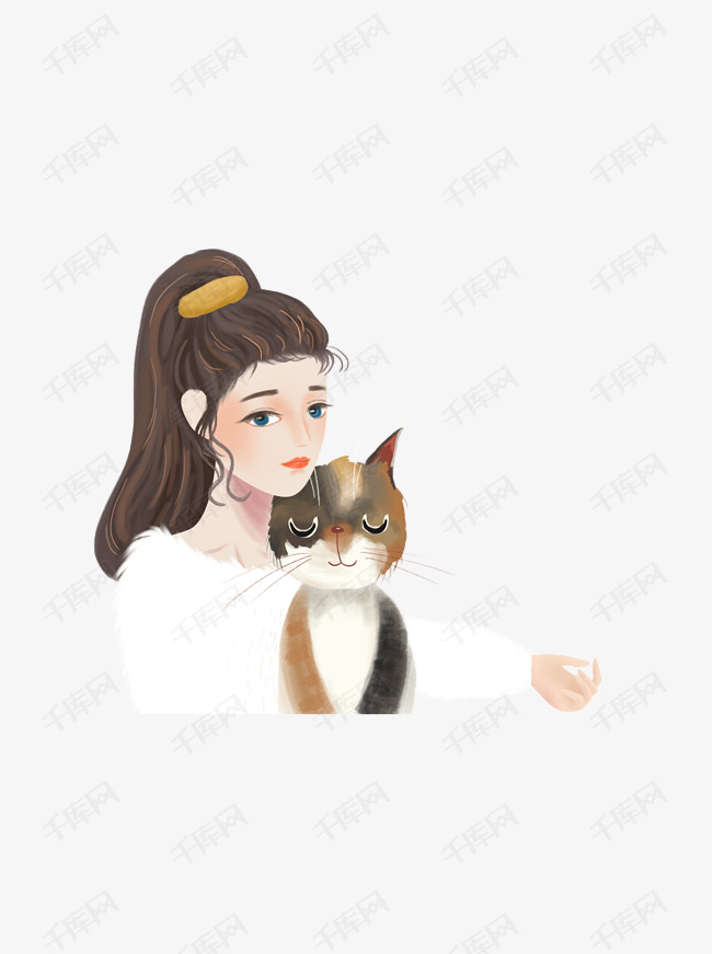 猫咪和少女设计可商用元素的素材免抠插画设计卡通可爱女孩清新猫咪