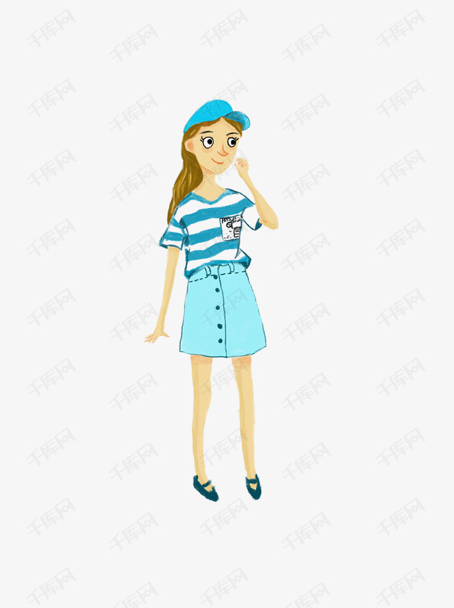 之穿蓝色衣帽的清新女孩全身的素材免抠人物元素小清新卡爱卡通女孩