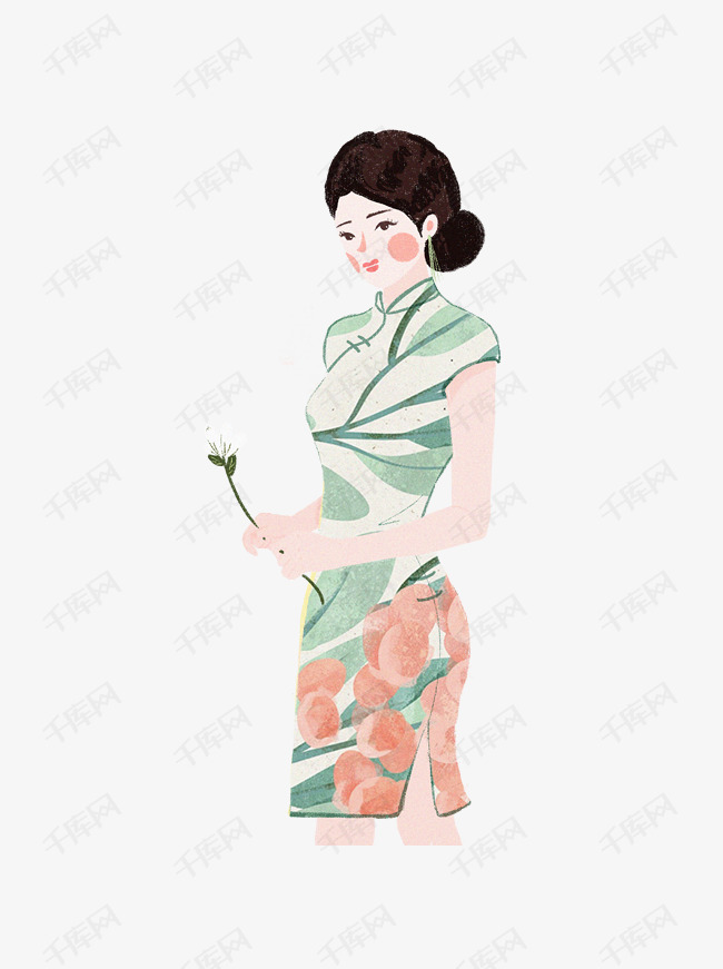 彩绘穿着旗袍的温婉女子人物设计