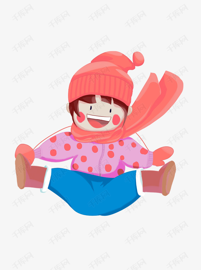 手绘卡通快乐开心大笑的跳跃起来的冬装女孩的素材免抠冬装卡通大笑
