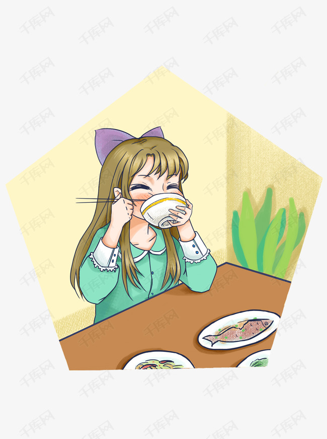 手绘可爱女孩吃饭人物享受美食手账商用元素